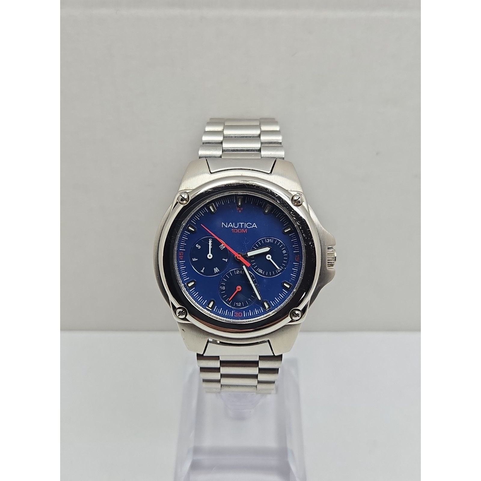 Vintage Nautica Mens 100m Blue Dial Day Date 24h Multi Dial Watch New Battery